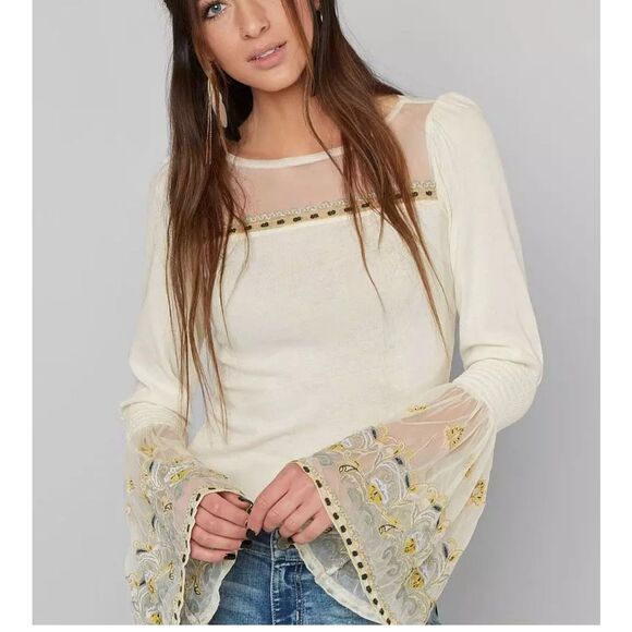 Free People Top Mesh Women Medium‎ White Bell Sleeve Embroidered Bohemian Fairy - Picture 2 of 12